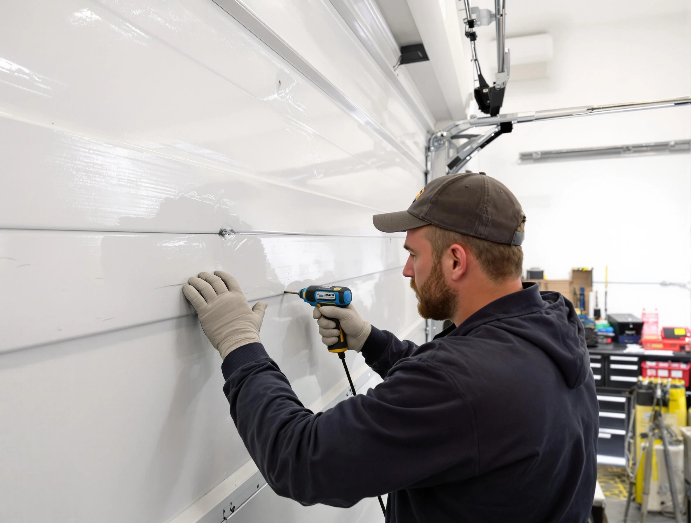 Gardendale Garage Door Repair technician demonstrating precision dent removal techniques on a Gardendale garage door